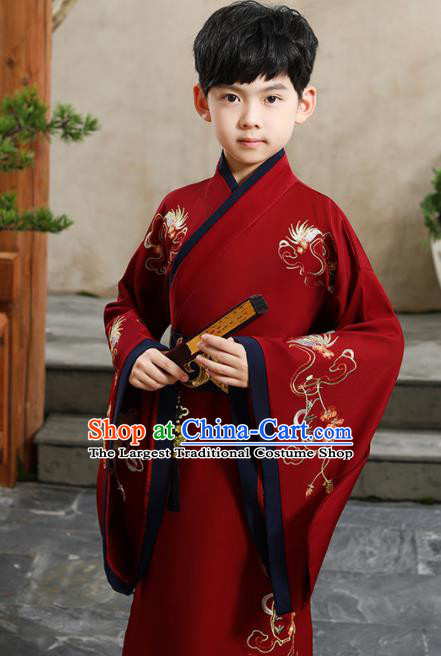 China Ming Dynasty Scholar Red Robe Traditional Boys Dance Performance Clothing Ancient Children Childe Garment Costume