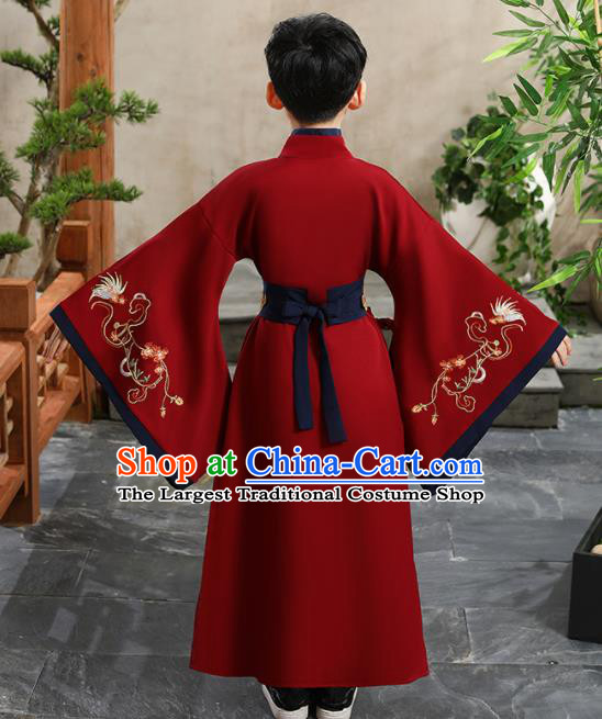China Ming Dynasty Scholar Red Robe Traditional Boys Dance Performance Clothing Ancient Children Childe Garment Costume