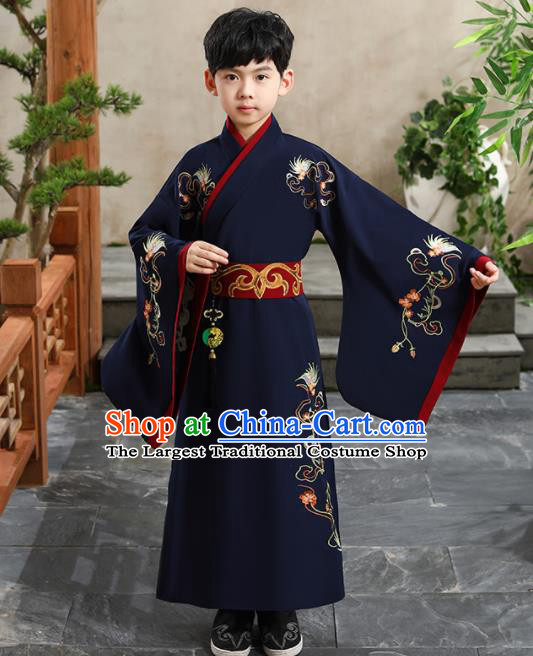 China Ancient Children Childe Garment Costume Ming Dynasty Scholar Navy Robe Traditional Boys Dance Performance Clothing