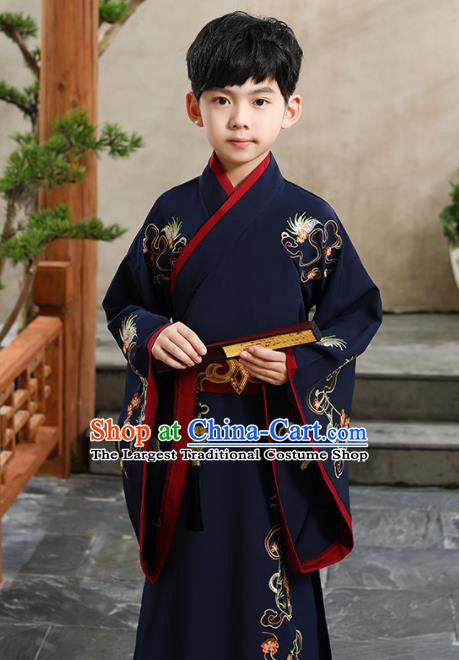China Ancient Children Childe Garment Costume Ming Dynasty Scholar Navy Robe Traditional Boys Dance Performance Clothing