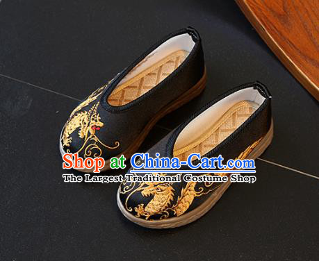 Chinese Boys Embroidered Dragon Shoes Ming Dynasty Black Cloth Shoes Traditional Children Hanfu Shoes