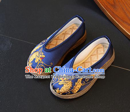 Chinese Traditional Children Hanfu Shoes Boys Embroidered Dragon Shoes Ming Dynasty Blue Cloth Shoes