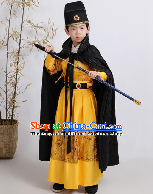China Ancient Children Swordsman Garment Costume Traditional Yellow Feiyu Robe Ming Dynasty Boys Imperial Guards Clothing