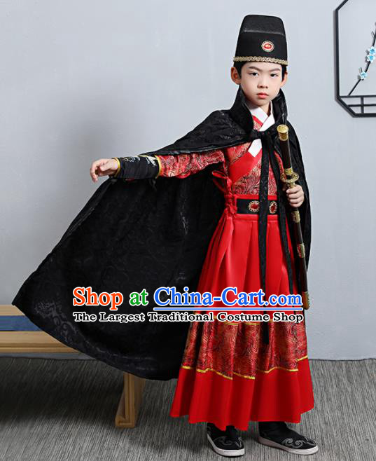 China Ming Dynasty Boys Imperial Guards Clothing Ancient Swordsman Garment Costume Traditional Children Red Feiyu Robe