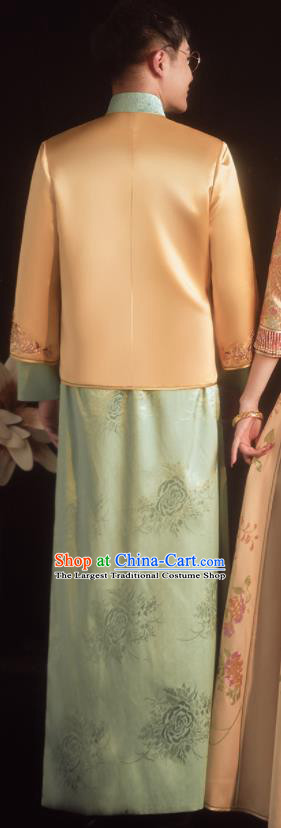 Chinese Ancient Bridegroom Clothing Traditional Wedding Male Uniforms Embroidered Yellow Mandarin Jacket and Long Robe