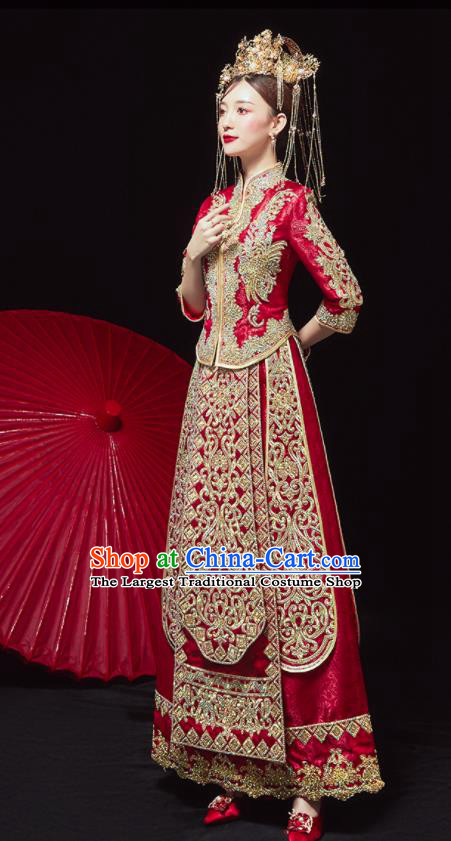 China Traditional Wedding Red Garment Costumes Classical Xiuhe Suits Embroidered Diamante Dress Bride Toast Clothing