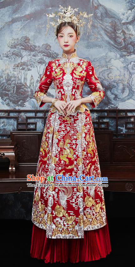China Bride Toast Clothing Traditional Wedding Red Garment Costumes Classical Xiuhe Suits Embroidered Phoenix Dress