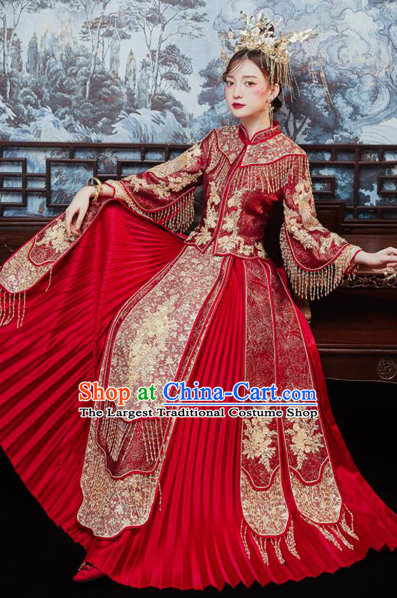 China Dark Red Xiuhe Suits Bride Embroidered Dress Traditional Toast Clothing Classical Wedding Garment Costumes