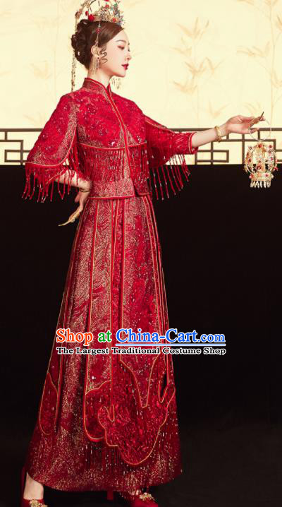 China Traditional Toast Clothing Classical Wedding Garment Costumes Red Xiuhe Suits Bride Embroidered Dress