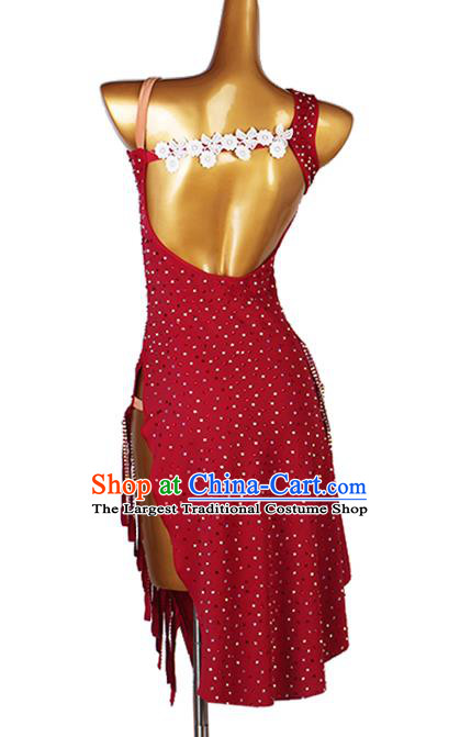 Professional Ballroom Dancing Fashion Rumba Dance Competition Costume Women Cha Cha Clothing Latin Dance Wine Red Tassel Dress