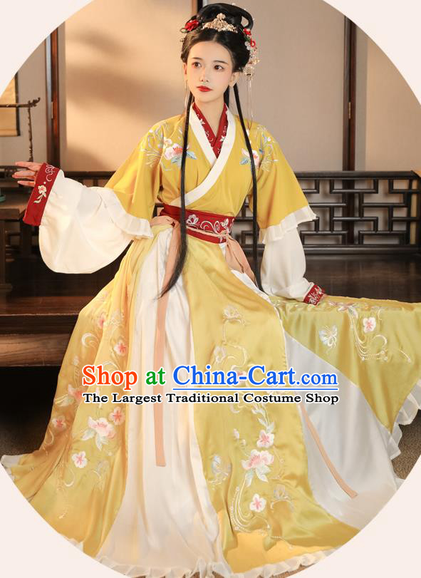 China Ancient Young Beauty Embroidered Yellow Hanfu Dress Garments Traditional Costumes Jin Dynasty Court Princess Historical Clothing