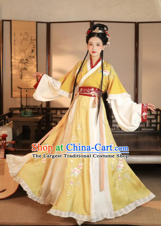 China Ancient Young Beauty Embroidered Yellow Hanfu Dress Garments Traditional Costumes Jin Dynasty Court Princess Historical Clothing