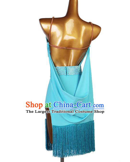 Professional Latin Dance Competition Costume Rumba Dancing Clothing Jitterbug Dance Blue Tassel Dress Women Cha Cha Fashion