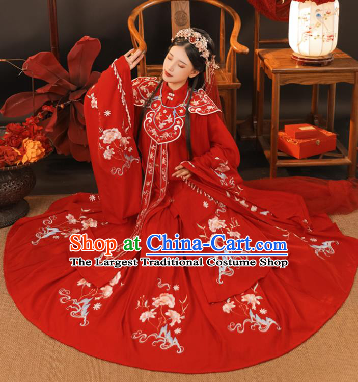 China Ming Dynasty Princess Historical Clothing Traditional Wedding Hanfu Garments Ancient Bride Embroidered Red Dress