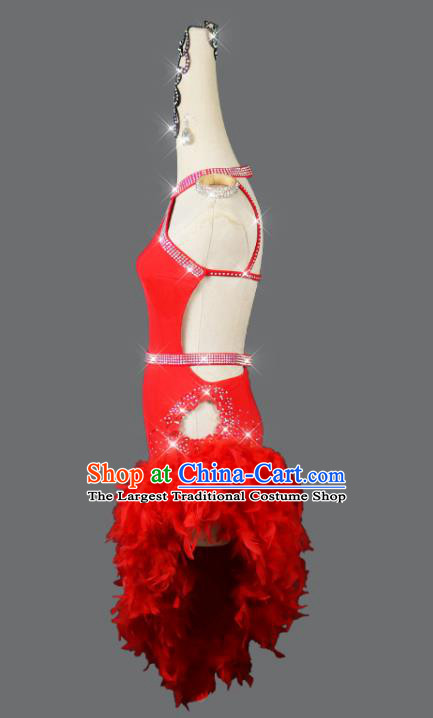 Professional Women Group Dancing Clothing Cha Cha Fashion Latin Dance Competition Red Feather Dress Modern Dance Costume