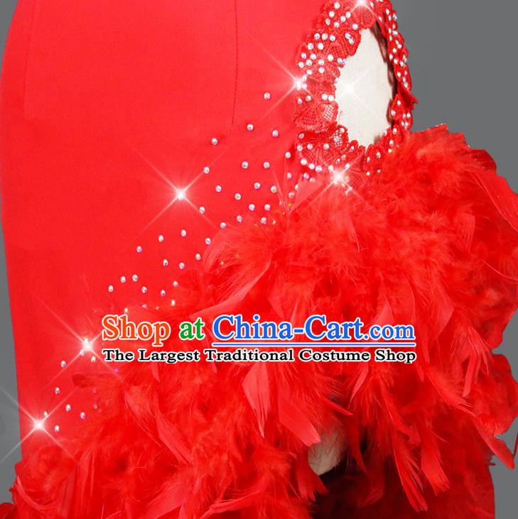 Professional Women Group Dancing Clothing Cha Cha Fashion Latin Dance Competition Red Feather Dress Modern Dance Costume