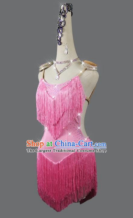Professional Women Dancing Competition Clothing Cha Cha Sexy Fashion Latin Dance Pink Tassel Dress Modern Dance Costume