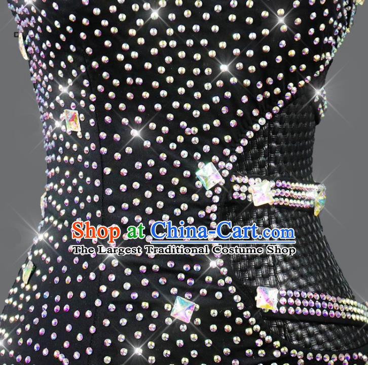 Professional Modern Dance Costume Women Dancing Competition Clothing Cha Cha Sexy Fashion Latin Dance Black Diamante Dress
