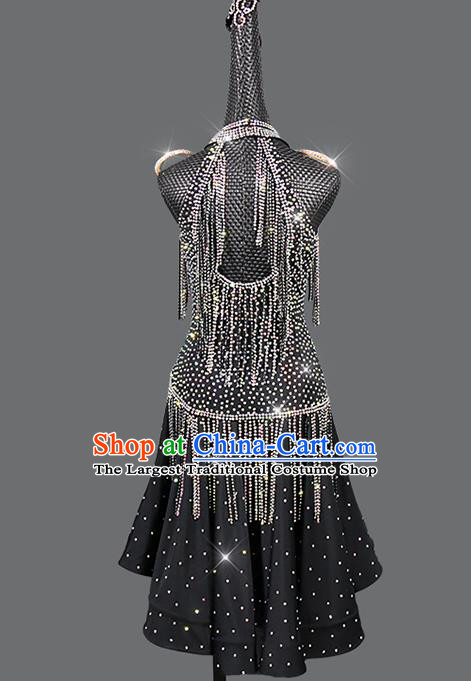 Professional Latin Dance Black Diamante Dress Modern Dance Costume Women Dancing Competition Clothing Cha Cha Sexy Fashion