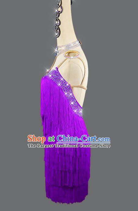 Professional Women Dancing Competition Fashion Latin Dance Clothing Cha Cha Sexy Purple Tassel Dress Rumba Dance Costume