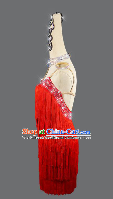 Professional Rumba Dance Costume Women Dancing Competition Fashion Latin Dance Clothing Cha Cha Sexy Red Tassel Dress