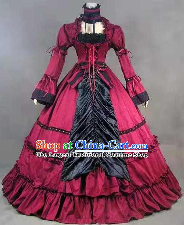 Top Gothic Princess Wine Red Dress Western Court Garment Costume Opera Performance Full Dress European Retro Clothing