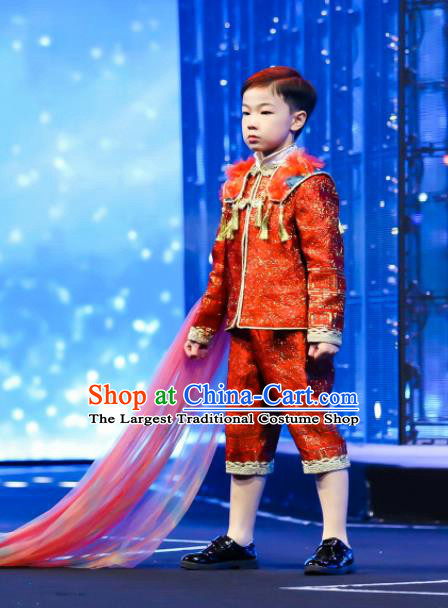 Top Children Compere Performance Apparels Boys Stage Show Red Suits Kid Catwalks Uniforms