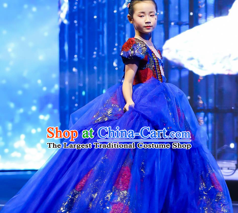 High Kid Birthday Full Dress Children Catwalks Blue Trailing Dress Girl Stage Show Clothing Compere Garment Costume