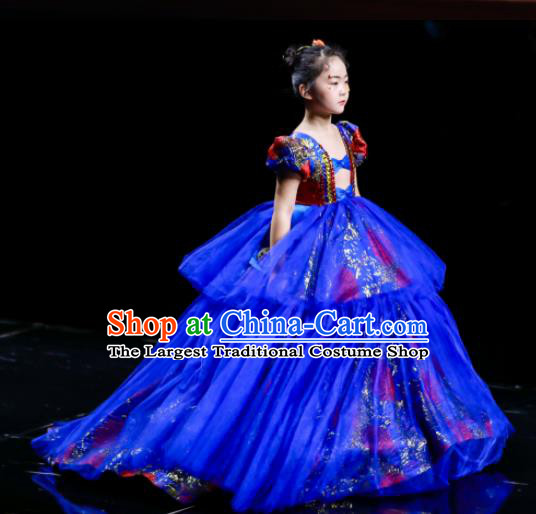 High Kid Birthday Full Dress Children Catwalks Blue Trailing Dress Girl Stage Show Clothing Compere Garment Costume