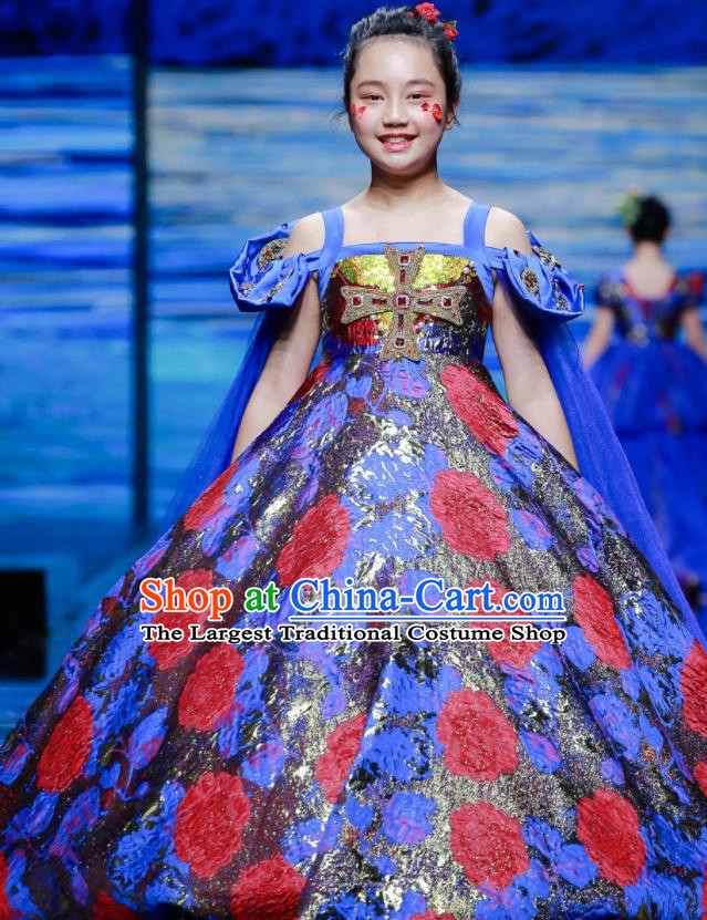 High Compere Garment Costume Kid Baroque Full Dress Children Catwalks Blue Trailing Dress Girl Stage Show Clothing