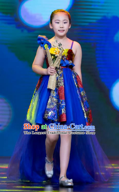 High Girl Stage Show Clothing Compere Garment Costume Kid Birthday Short Full Dress Children Catwalks Blue Veil Dress