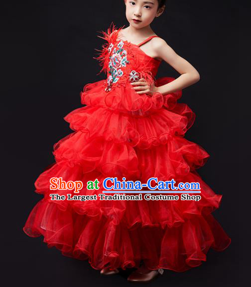 High Quality Children Compere Red Veil Dress Piano Performance Clothing Stage Show Full Dress Girl Catwalks Fashion