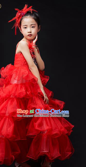High Quality Children Compere Red Veil Dress Piano Performance Clothing Stage Show Full Dress Girl Catwalks Fashion