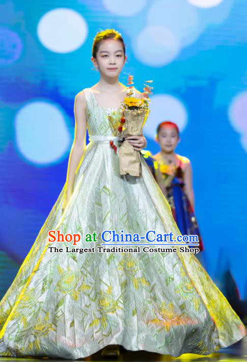 High Children Catwalks Light Green Dress Girl Stage Show Clothing Compere Garment Costume Kid Birthday Full Dress
