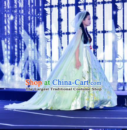 High Children Catwalks Light Green Dress Girl Stage Show Clothing Compere Garment Costume Kid Birthday Full Dress
