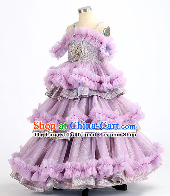High Quality Stage Show Purple Full Dress Girl Catwalks Fashion Children Layered Dress Piano Performance Clothing