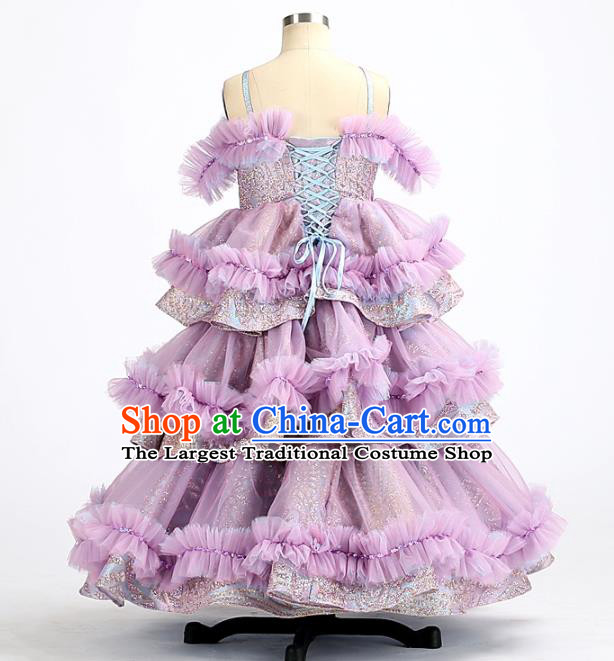 High Quality Stage Show Purple Full Dress Girl Catwalks Fashion Children Layered Dress Piano Performance Clothing