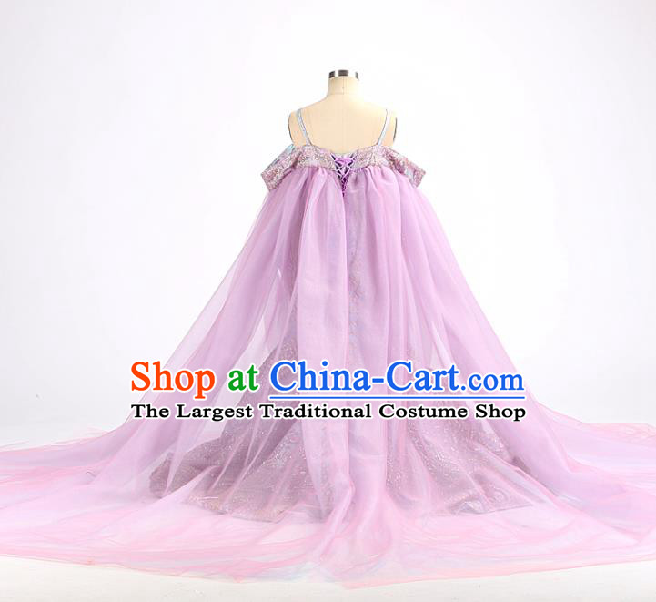 High Quality Children Purple Trailing Dress Piano Performance Clothing Stage Show Full Dress Girl Catwalks Fashion