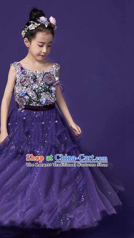 High Quality Girl Catwalks Purple Veil Full Dress Children Dancewear Chorus Compere Clothing Stage Show Fashion Dress