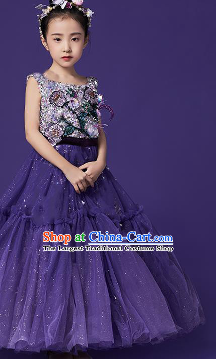 High Quality Girl Catwalks Purple Veil Full Dress Children Dancewear Chorus Compere Clothing Stage Show Fashion Dress