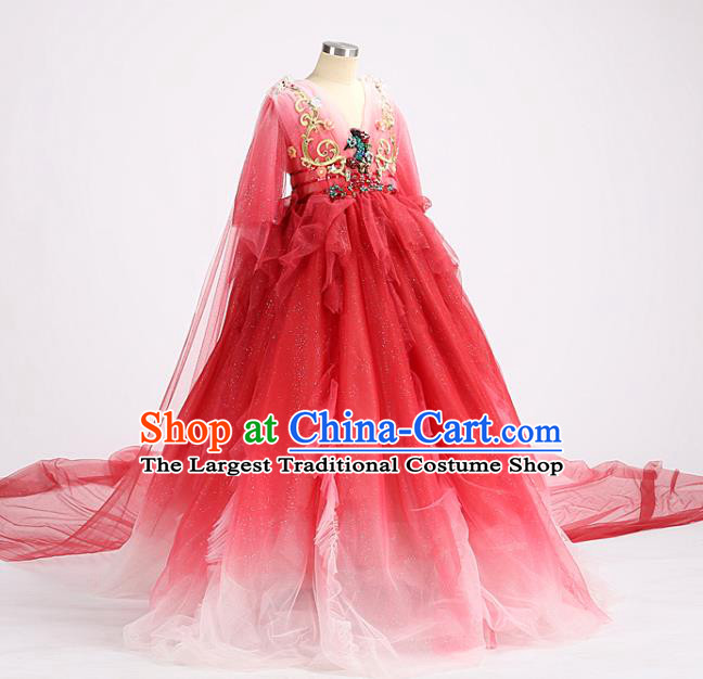 High Quality Stage Show Fashion Dress Girl Catwalks Red Full Dress Children Dancewear Chorus Compere Clothing