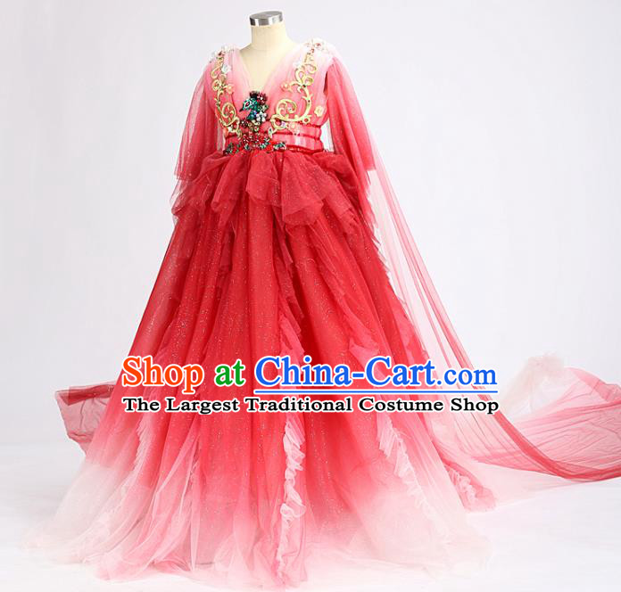 High Quality Stage Show Fashion Dress Girl Catwalks Red Full Dress Children Dancewear Chorus Compere Clothing