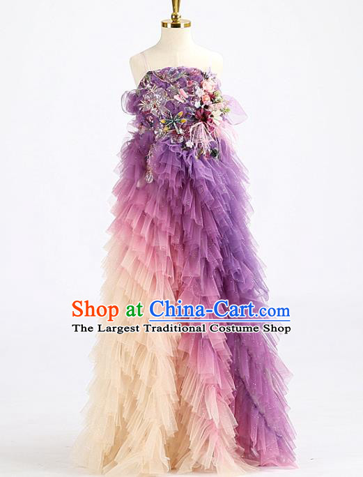 High Quality Chorus Compere Clothing Stage Show Fashion Dress Girl Catwalks Purple Full Dress Children Dancewear