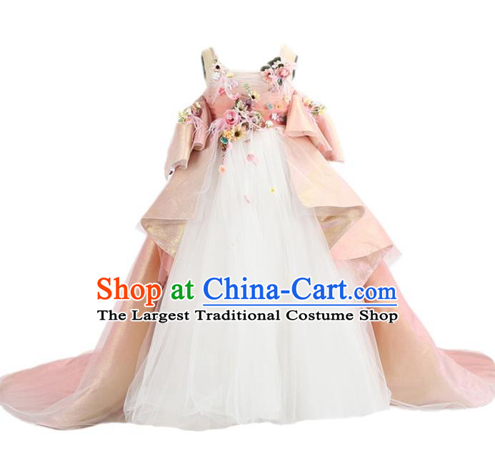 Custom Catwalks Pink Trailing Full Dress Children Dancewear Girl Chorus Compere Fashion Clothing Stage Show Dress