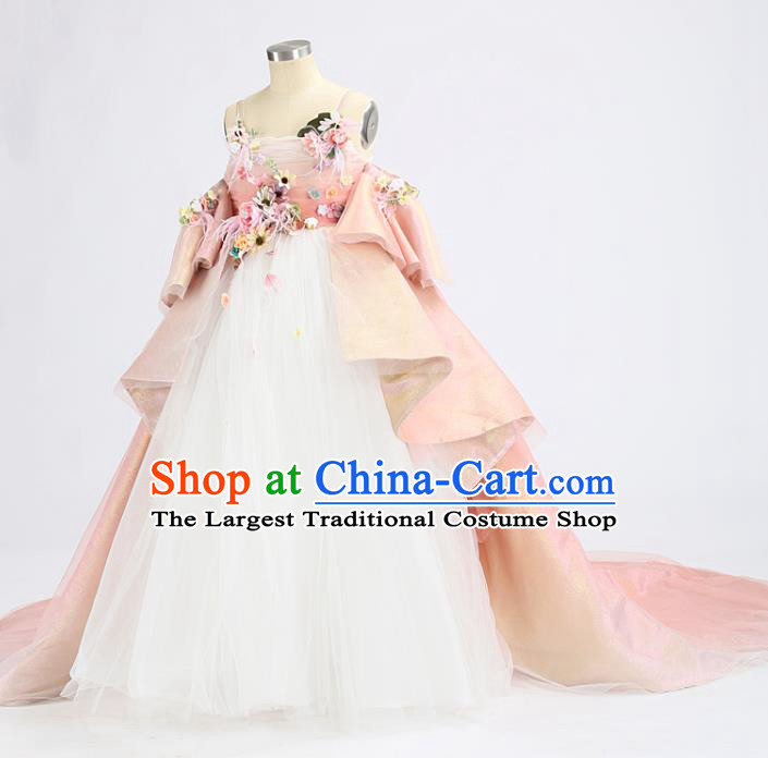Custom Catwalks Pink Trailing Full Dress Children Dancewear Girl Chorus Compere Fashion Clothing Stage Show Dress