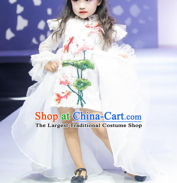 Custom Girl Compere Fashion Clothing Stage Show Trailing Dress Catwalks White Full Dress Children Dancewear