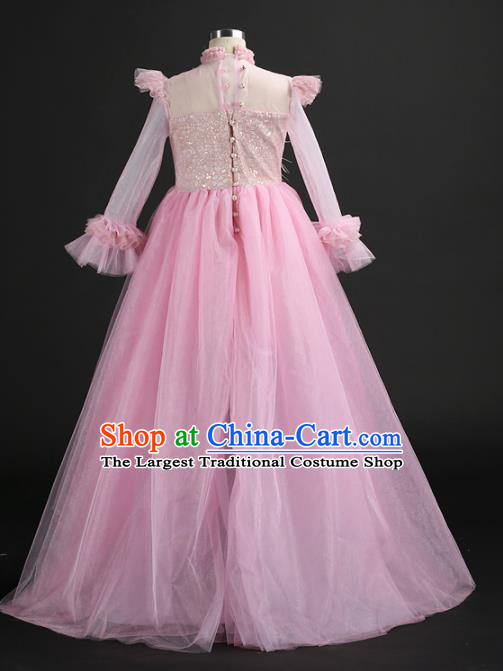 Custom Children Dancewear Girl Compere Fashion Clothing Stage Show Trailing Dress Catwalks Pink Veil Full Dress