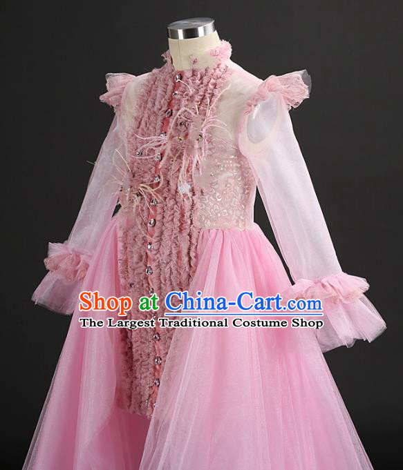 Custom Children Dancewear Girl Compere Fashion Clothing Stage Show Trailing Dress Catwalks Pink Veil Full Dress