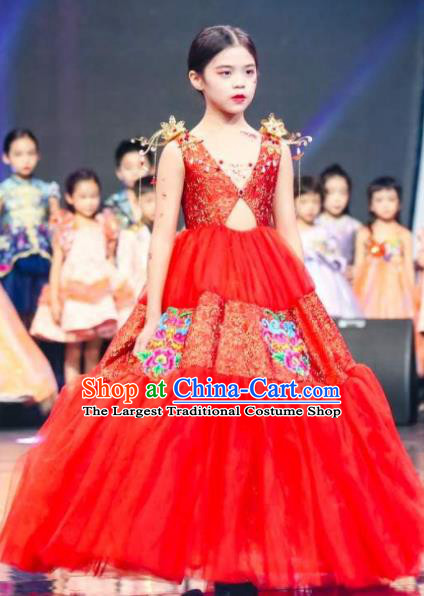 High Girl Stage Show Clothing China Compere Garment Costume Kid Birthday Trailing Full Dress Children Catwalks Red Veil Dress
