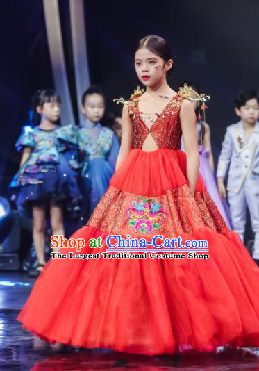 High Girl Stage Show Clothing China Compere Garment Costume Kid Birthday Trailing Full Dress Children Catwalks Red Veil Dress